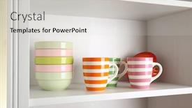  Presentation with tableware - Presentation having tableware on shelf in the kitchen cupboard background and a light gray colored foreground