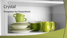  Presentation with tableware - Colorful slide deck enhanced with tableware on shelf in the kitchen cupboard backdrop and a light gray colored foreground