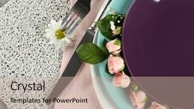  Presentation with tableware - Beautiful presentation theme featuring tableware with flowers on table close up backdrop and a coral colored foreground