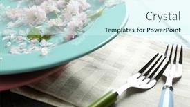  Presentation with tableware - Slide set consisting of tableware with flowers on table close up background and a cool aqua colored foreground