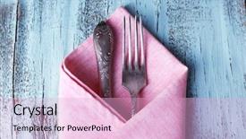  Presentation with tableware - Beautiful presentation theme featuring tableware wrapped in lilac napkin on blue wooden background backdrop and a lemonade colored foreground