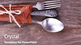  Presentation with tableware - Beautiful presentation featuring tableware wrapped in paper on wooden background backdrop and a gray colored foreground