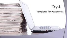  Presentation with newspaper laptop - Amazing PPT theme having tabloid - stack of newspaper next backdrop and a white colored foreground