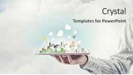 Presentation with cityscape - Presentation design consisting of tabs - hand holding tablet computer background and a white colored foreground