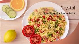  Presentation with salad - Slides consisting of tabule cous cous salad fresh with vegetables background and a coral colored foreground