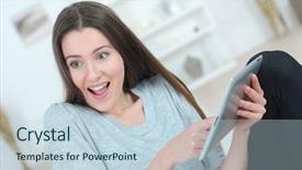  Presentation with tablet - Cool new PPT layouts with tacticle communications - excited woman using a tablet backdrop and a lemonade colored foreground