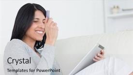  Presentation with credit card - PPT layouts featuring tacticle communications - smiling woman holding up background and a  colored foreground