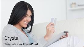  Presentation with car body repairer holding - Presentation theme with tacticle communications - woman holding up a card background and a  colored foreground