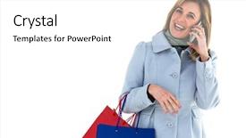  Presentation with woman pushing shopping trolley - Slide set enhanced with tacticle communications - woman smiling during her shopping background and a white colored foreground