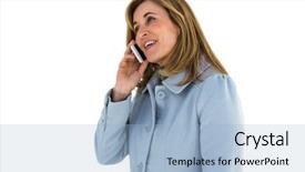  Presentation with mobile phone in woman hand - Beautiful slide set featuring tacticle communications - woman smiling using her phone backdrop and a light blue colored foreground