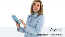  Presentation with tablet - Presentation design enhanced with tacticle communications - woman smiling using her tablet background and a light blue colored foreground