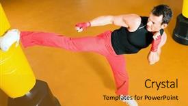  Presentation with muay thai kickboxing kickboxer boxing - Presentation theme with tae kwon do - kickboxer kicking the sandbag background and a gold colored foreground