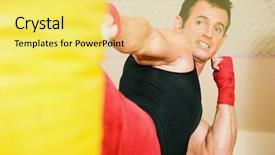  Presentation with muay thai kickboxing kickboxer boxing - PPT theme featuring tae kwon do - kickboxer kicking the sandbag background and a yellow colored foreground