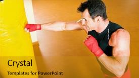  Presentation with muay thai kickboxing kickboxer boxing - Colorful PPT theme enhanced with tae kwon do - kickboxer punching the sandbag backdrop and a gold colored foreground
