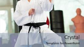  Presentation with black art - Beautiful slide set featuring tae kwon do - woman in martial art training backdrop and a light blue colored foreground