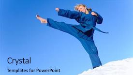  Presentation with kimono - PPT layouts with tae kwon do - young woman in blue kimono background and a light blue colored foreground