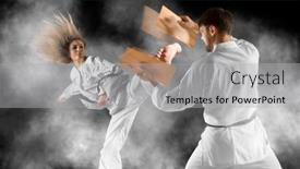  Presentation with taekwondo - PPT theme enhanced with taekwondo-master-breaks-a-wooden background and a light gray colored foreground