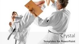  Presentation with taekwondo - Slide deck featuring taekwondo-master-breaks-a-wooden background and a light gray colored foreground