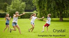  Presentation with kids playing - Colorful PPT theme enhanced with tag - friendship childhood leisure and people backdrop and a yellow colored foreground