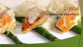  Presentation with sturgeon - Slide deck consisting of tagliata from a sturgeon with an asparagus and risotto a restaurant dish background and a coral colored foreground