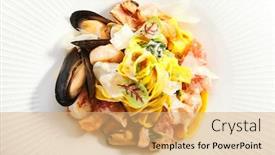  Presentation with culinary - Presentation design featuring tagliatelle-pasta-with-seafood-closeup background and a coral colored foreground
