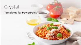  Presentation with pasta sauce - Audience pleasing presentation theme consisting of tagliatelle-pasta-with-tomato-sauce backdrop and a white colored foreground