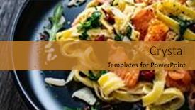  Presentation with nuggets - Presentation featuring tagliatelle-with-salmon-nuggets-arugula background and a gold colored foreground