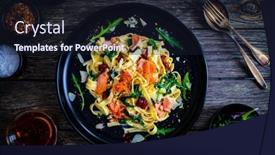  Presentation with nuggets - PPT theme having tagliatelle-with-salmon-nuggets-arugula background and a wine colored foreground