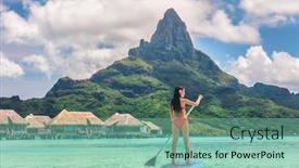  Presentation with island resort - Beautiful theme featuring tahiti-bora-bora-island-vacation backdrop and a seafoam green colored foreground