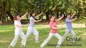  Presentation with asian exercise trainer - Beautiful presentation theme featuring tai chi - group of asian ladies exercising backdrop and a mint green colored foreground