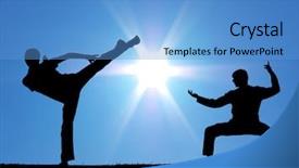  Presentation with warrior - PPT theme consisting of tai chi - two warrior silhouettes background and a teal colored foreground