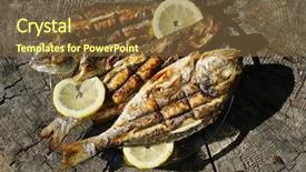  Presentation with grilled - PPT theme featuring tail gate - seabass and dorado fish grilled background and a tawny brown colored foreground