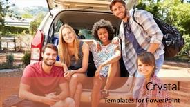  Presentation with friends - Colorful slide deck enhanced with tailgate - group of friends on trip backdrop and a red colored foreground