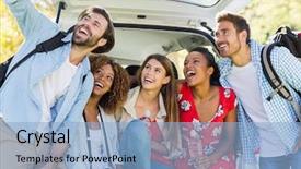 Presentation with selfie - PPT layouts with tailgate - group of happy friends taking background and a light blue colored foreground