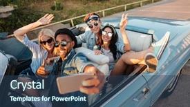  Presentation with car accident cell phone - Amazing theme having tailgate - group of happy young friends backdrop and a ocean colored foreground