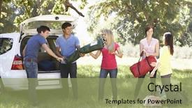  Presentation with camping - Presentation theme enhanced with tailgate - group of young friends unloading background and a  colored foreground