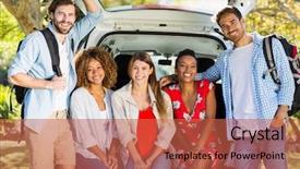  Presentation with tailgate - Colorful PPT layouts enhanced with tailgate - portrait of friends on trip backdrop and a red colored foreground