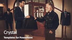  Presentation with five star hotel for client - Colorful PPT theme enhanced with tailor and satisfied senior client backdrop and a tawny brown colored foreground