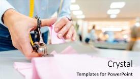  Presentation with fabric - Audience pleasing PPT theme consisting of tailor cutting fabric with scissors backdrop and a sky blue colored foreground