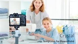  Presentation with blogger - PPT theme featuring tailor-is-teaching-student background and a light blue colored foreground