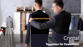  Presentation with airplane taking off sky - Presentation design featuring tailor taking man's measurements in atelier background and a wine colored foreground