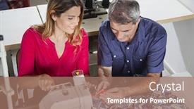  Presentation with fabrics - Audience pleasing PPT theme consisting of tailors discussing over fabrics at workbench backdrop and a coral colored foreground