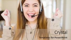  Presentation with celebrate office success - Presentation theme featuring taise service - beautiful young operator woman wearing background and a  colored foreground