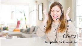  Presentation with winner - PPT theme enhanced with taise service - beautiful young operator woman wearing background and a  colored foreground