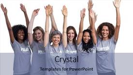  Presentation with hands and word volunteer - Audience pleasing theme consisting of taise service - portrait of happy volunteers standing backdrop and a seafoam green colored foreground