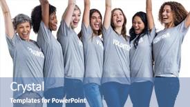  Presentation with hands and word volunteer - Slides enhanced with taise service - portrait of happy volunteers standing background and a teal colored foreground