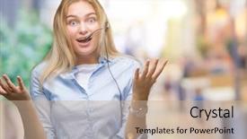  Presentation with bullseye center goal success business - Presentation theme having taise service - young caucasian business woman wearing background and a  colored foreground