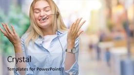  Presentation with young business woman smile show - Audience pleasing presentation design consisting of taise service - young caucasian business woman wearing backdrop and a  colored foreground