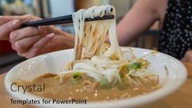  Presentation with sesame paste - Colorful slide deck enhanced with taiwanese famous snacks of sesame paste noodles on the table backdrop and a coral colored foreground