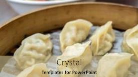  Presentation with snacks - Presentation design having taiwanese famous snacks of steamed dumplings on table in a restaurant background and a coral colored foreground